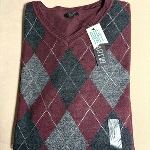NWT Wool blend Big & Tall Men's V-Neck Argyle Sweater - Burgundy and Gray